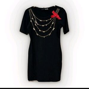 Vintage 2010 Y2K MOSCHINO BLACK TEE SHIRT DRESS Chains Necklace Pearl Betsey